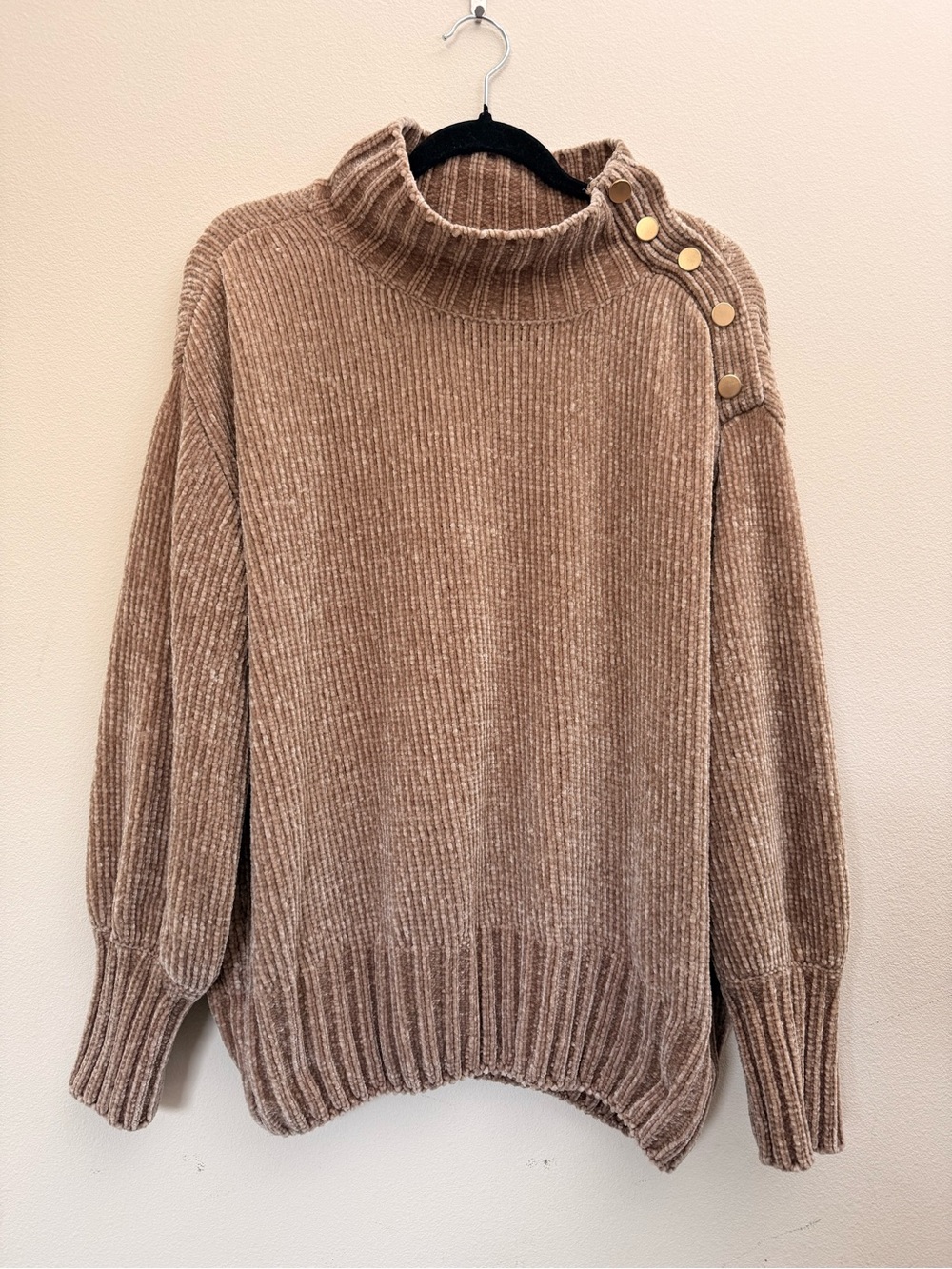 Cynthia Rowley Taupe Button-Shoulder Chenille Turtleneck